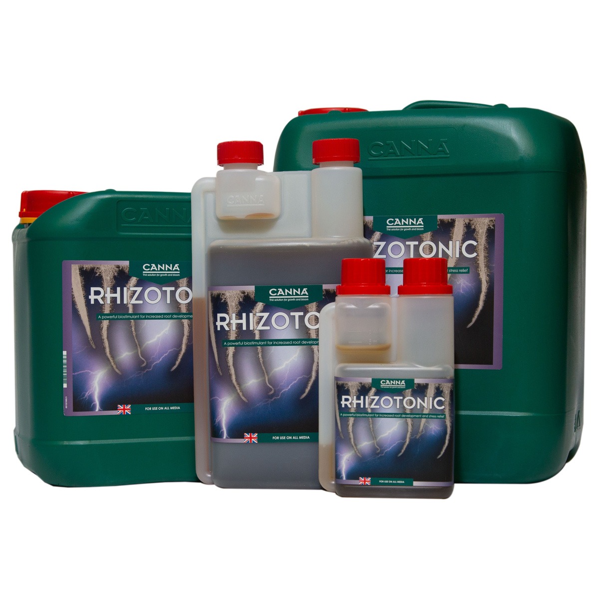 250ml, 1L, 5L and 10L bottles of Canna Rhizotonic