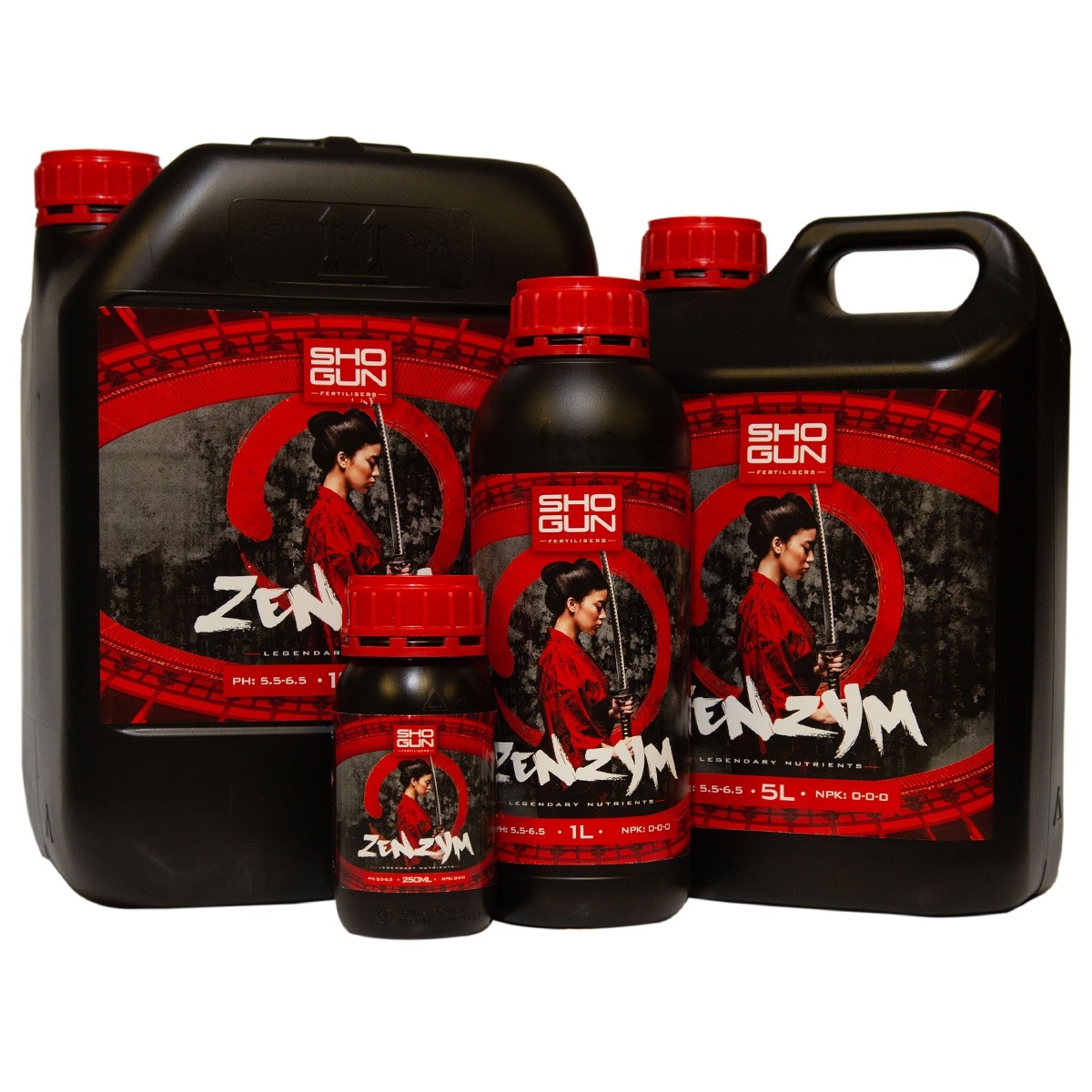 250ml, 1L, 5L and 10L bottles of Shogun Zenzym